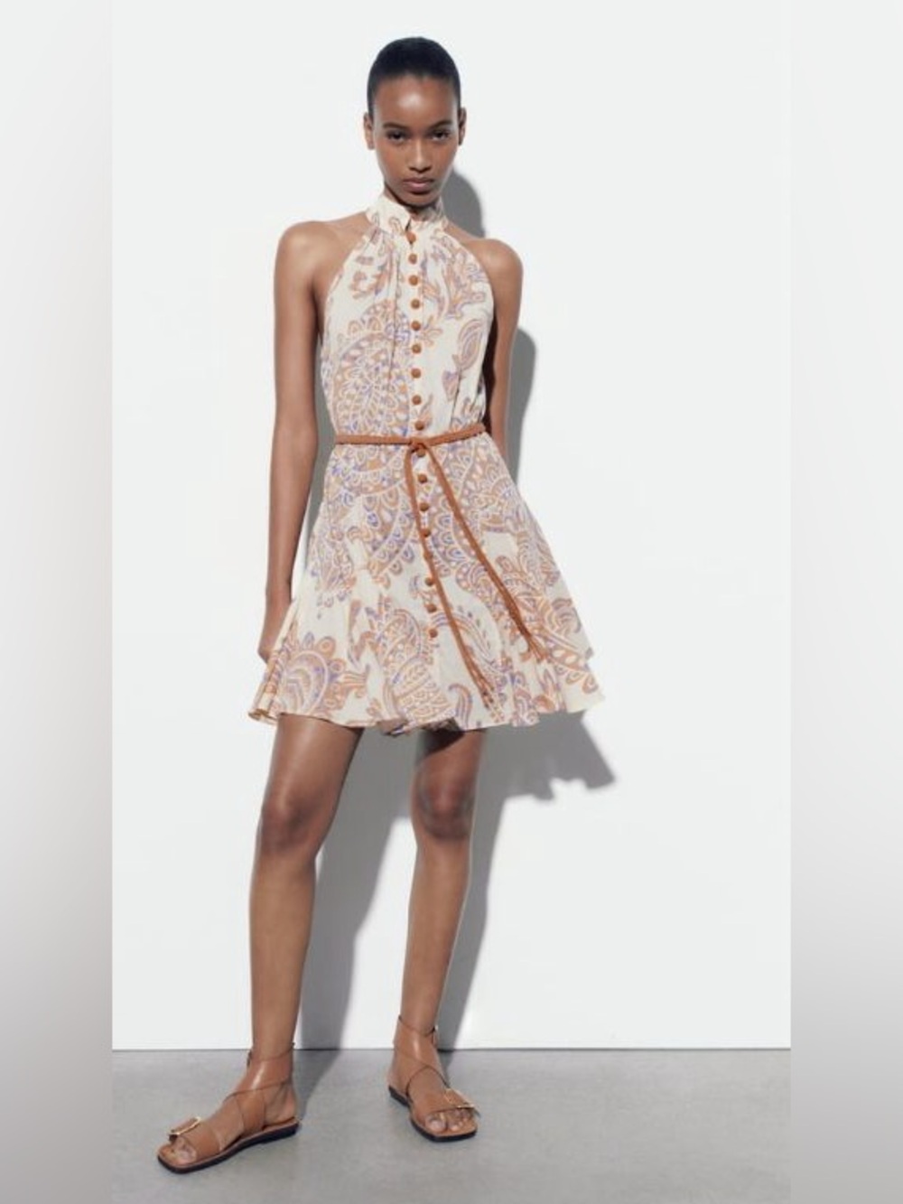 Zara Paisley Halter Mini Dress in Cream, Tan and Soft Purple